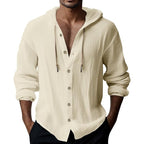 💎 50% DESCONTO EM SWEAT MASCULINO! 💎 Blusa casual de manga comprida em cor sólida – Fecho frontal com botões, capuz com cordão e tecido respirável.