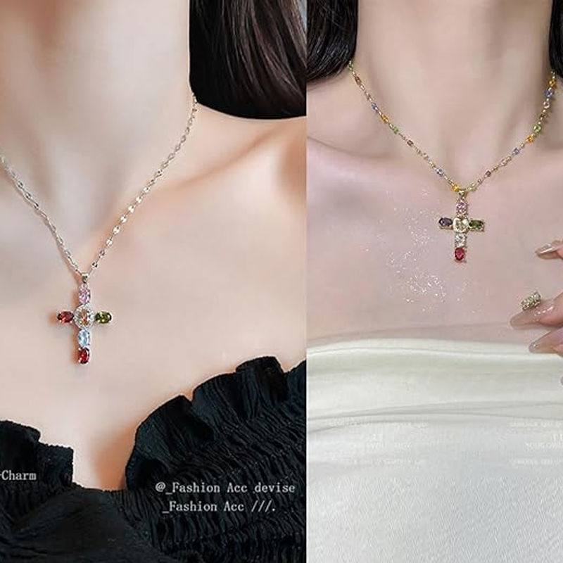 💎 50% DESCONTO!! ✝️ Colar colorido com pendente de cruz de strass – brilho intenso, comprimento ajustável e um look marcante ✨