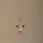💎 50% DESCONTO!! ✝️ Colar colorido com pendente de cruz de strass – brilho intenso, comprimento ajustável e um look marcante ✨