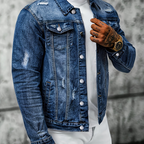 Casaco de ganga casual para homem com visual desgastado e roupa íntima vintage.