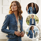 🧥 50% DESCONTO JÁ! 🌸 Blusão de ganga para mulher com folhos e abertura frontal – Leve, feminino e versátil – chique para qualquer look 👗