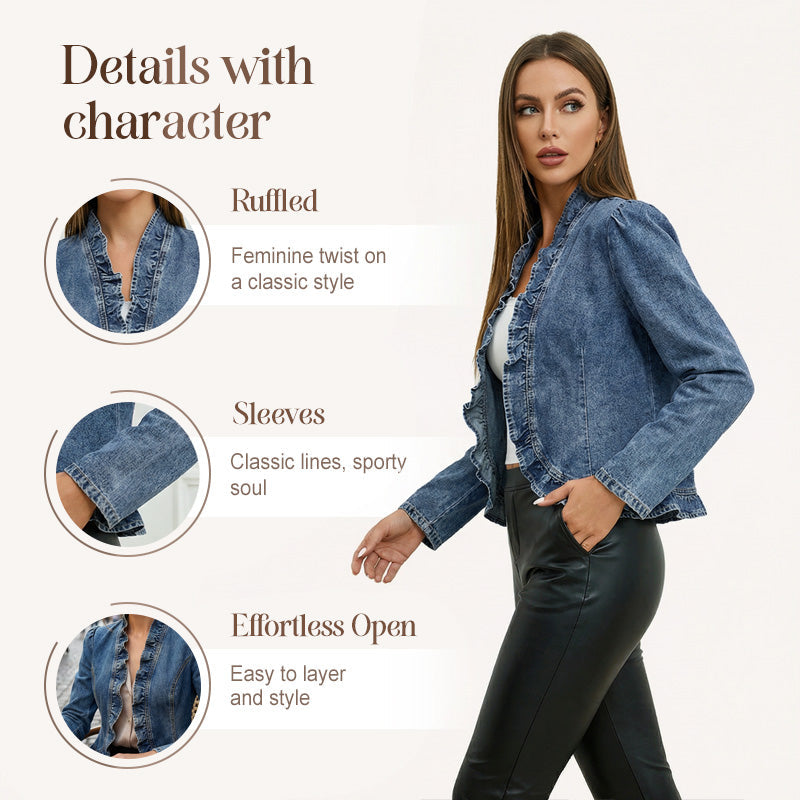🧥 50% DESCONTO JÁ! 🌸 Blusão de ganga para mulher com folhos e abertura frontal – Leve, feminino e versátil – chique para qualquer look 👗