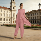 Encantador conjunto de blusa irregular e calças pantalona
