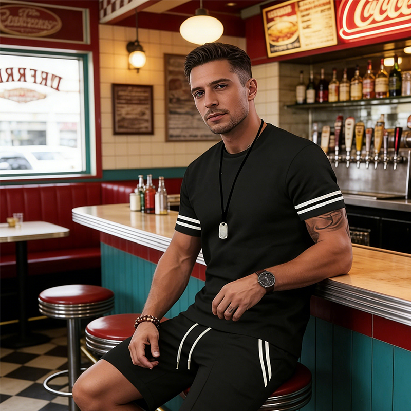 Conjunto de t-shirt e calções às riscas para homem