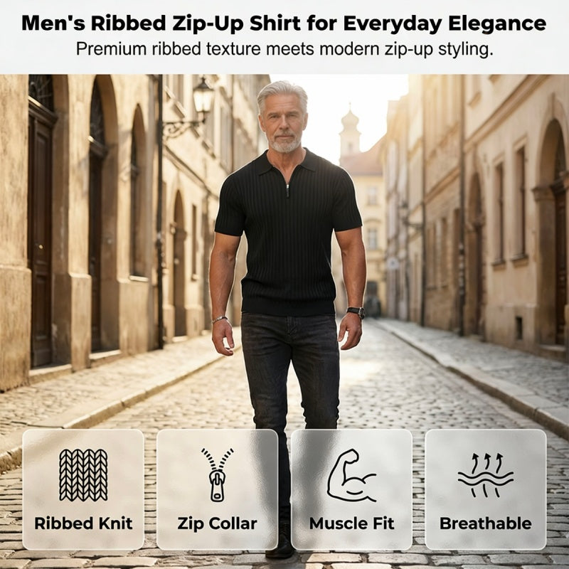 Camisola de malha canelada com fecho e manga curta para homem