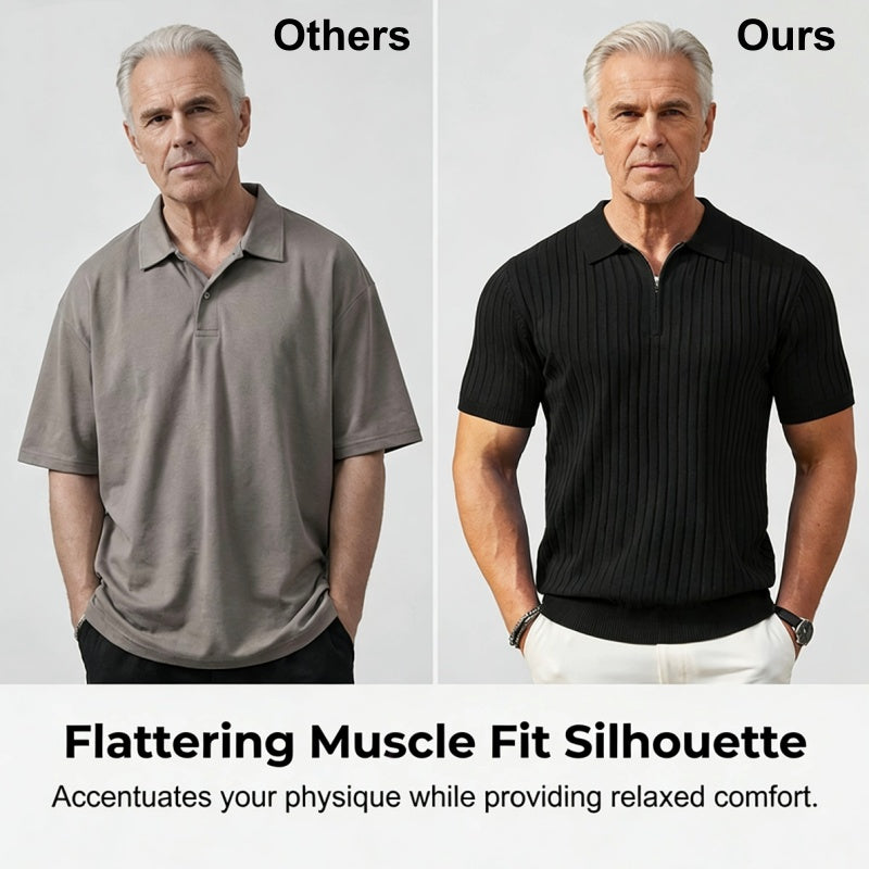 Camisola de malha canelada com fecho e manga curta para homem