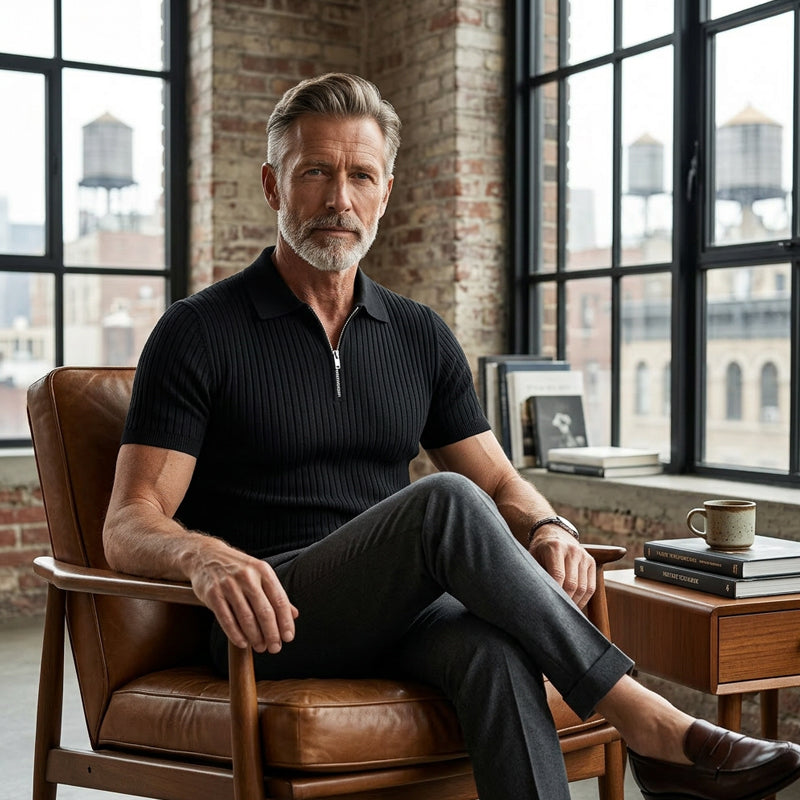 Camisola de malha canelada com fecho e manga curta para homem