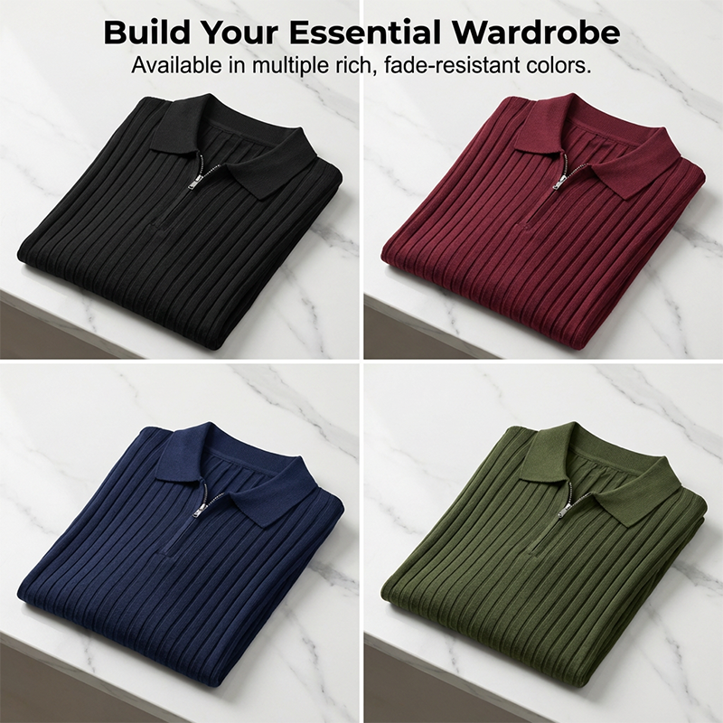 Camisola de malha canelada com fecho e manga curta para homem