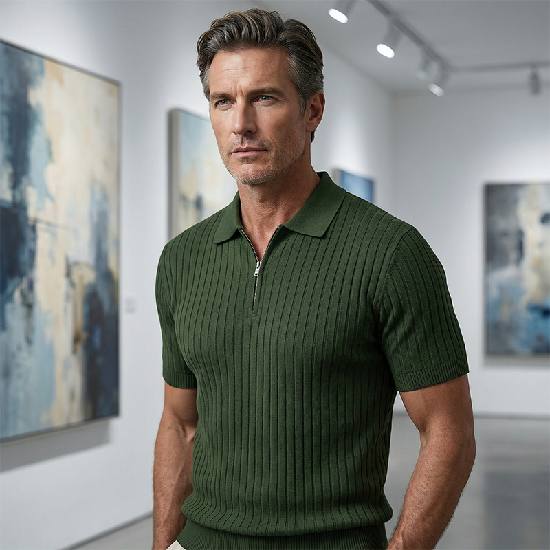 Camisola de malha canelada com fecho e manga curta para homem