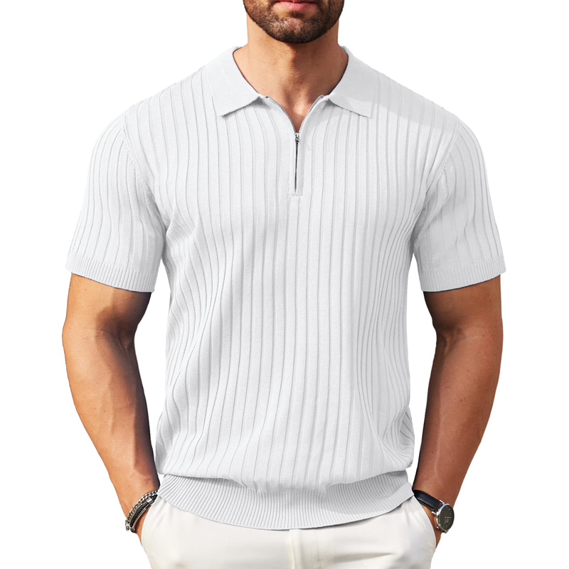 Camisola de malha canelada com fecho e manga curta para homem