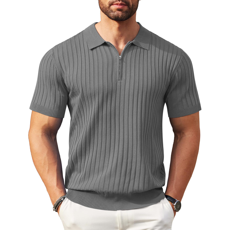 Camisola de malha canelada com fecho e manga curta para homem