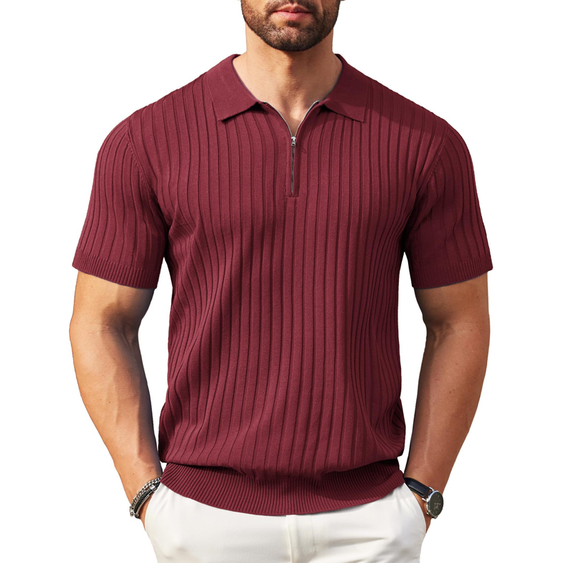Camisola de malha canelada com fecho e manga curta para homem