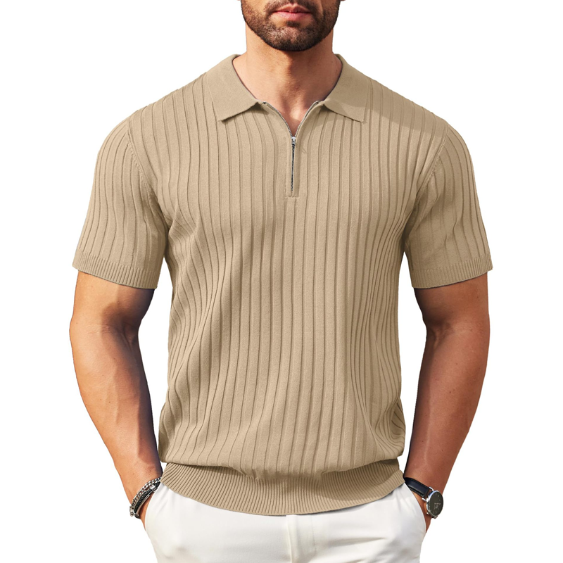 Camisola de malha canelada com fecho e manga curta para homem