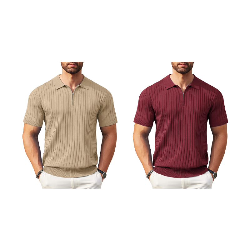 Camisola de malha canelada com fecho e manga curta para homem