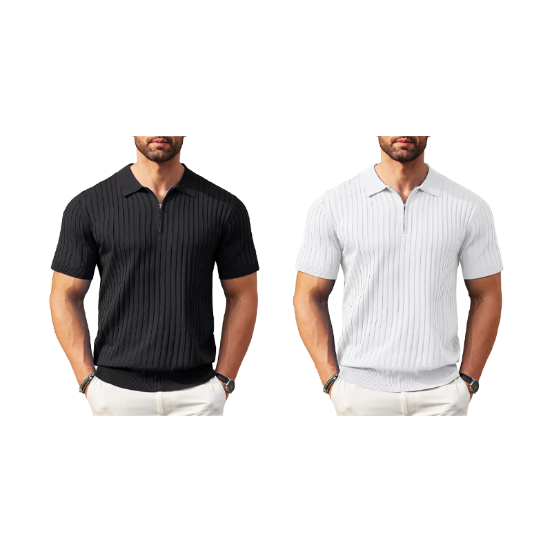 Camisola de malha canelada com fecho e manga curta para homem