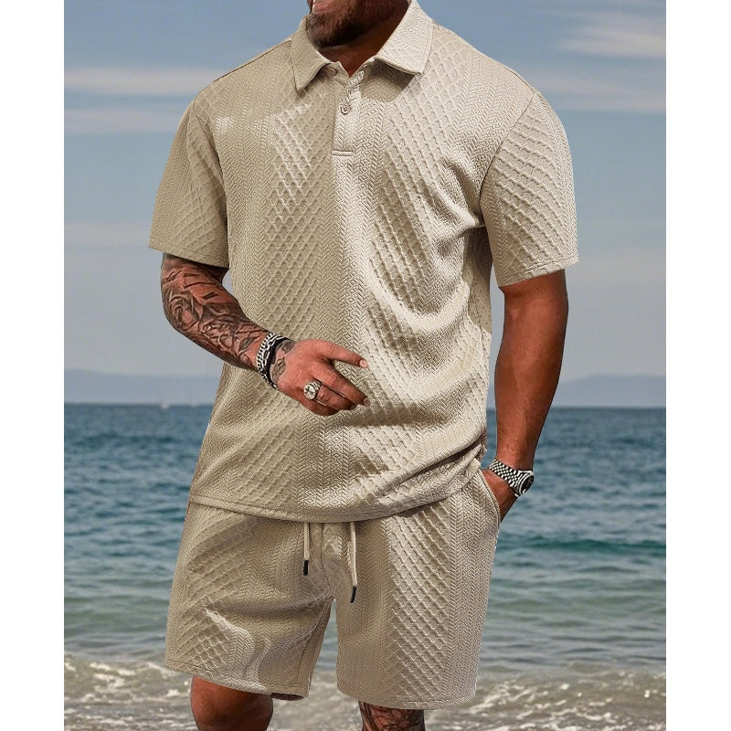 Conjunto de 2 peças para homem: camisola de manga curta com gola virada e padrão diamante e calções com cordão