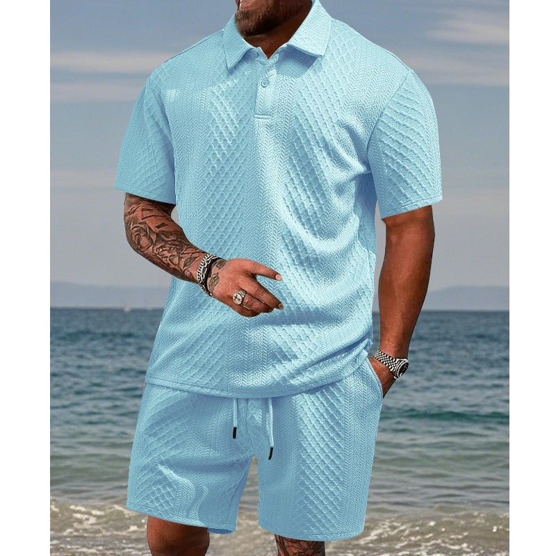Conjunto de 2 peças para homem: camisola de manga curta com gola virada e padrão diamante e calções com cordão