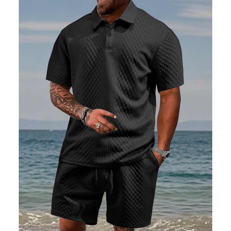 Conjunto de 2 peças para homem: camisola de manga curta com gola virada e padrão diamante e calções com cordão