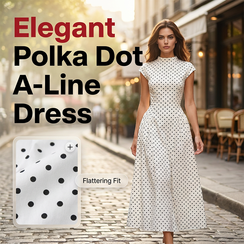 Vestido elegante de mulher às bolinhas com corte em A