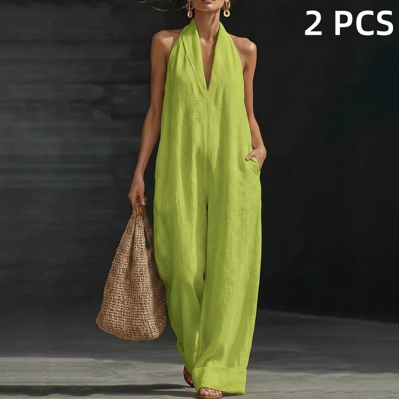 Macacão casual sem mangas com decote em V e bolsos.