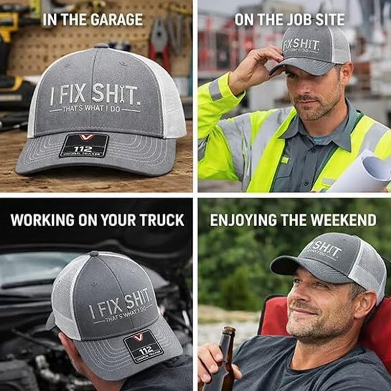Boné trucker com parte traseira em rede e bordado “I Fix Shit”