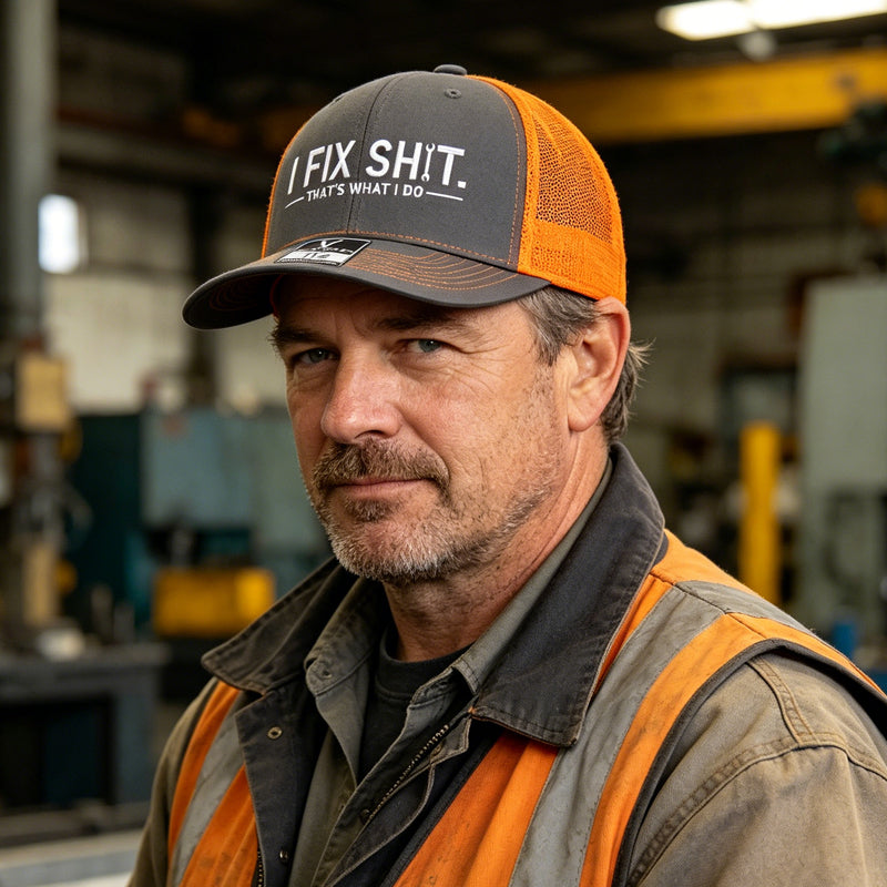 Boné trucker com parte traseira em rede e bordado “I Fix Shit”