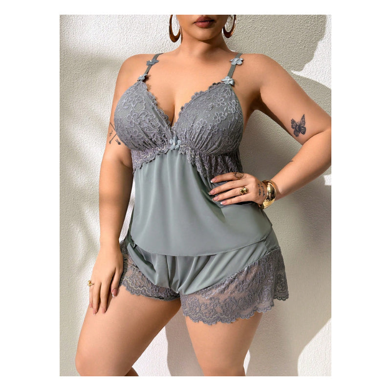 🥳PROMOÇÃO IMPERDÍVEL DE 2026🥳💞MAIS DE 50 MIL VENDIDOS!👗🌸 50% DESCONTO! Conjunto de pijama com top e calções com detalhes em renda – Tecido macio tipo cetim, alças ajustáveis e decote em V.