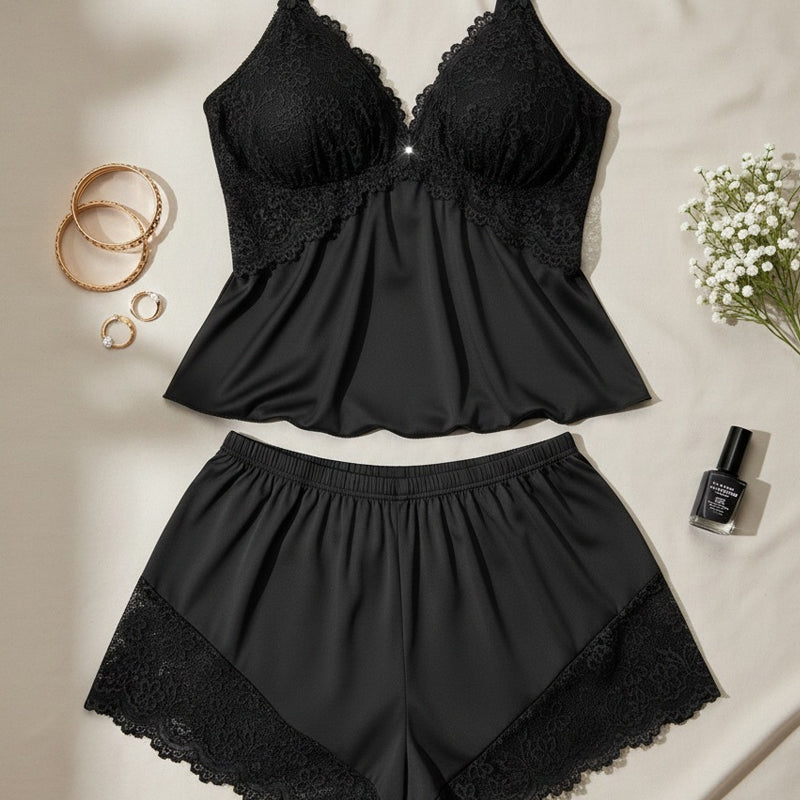 🥳PROMOÇÃO IMPERDÍVEL DE 2026🥳💞MAIS DE 50 MIL VENDIDOS!👗🌸 50% DESCONTO! Conjunto de pijama com top e calções com detalhes em renda – Tecido macio tipo cetim, alças ajustáveis e decote em V.