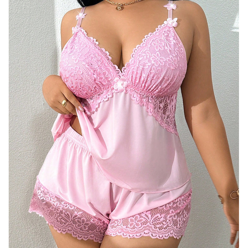 🥳PROMOÇÃO IMPERDÍVEL DE 2026🥳💞MAIS DE 50 MIL VENDIDOS!👗🌸 50% DESCONTO! Conjunto de pijama com top e calções com detalhes em renda – Tecido macio tipo cetim, alças ajustáveis e decote em V.