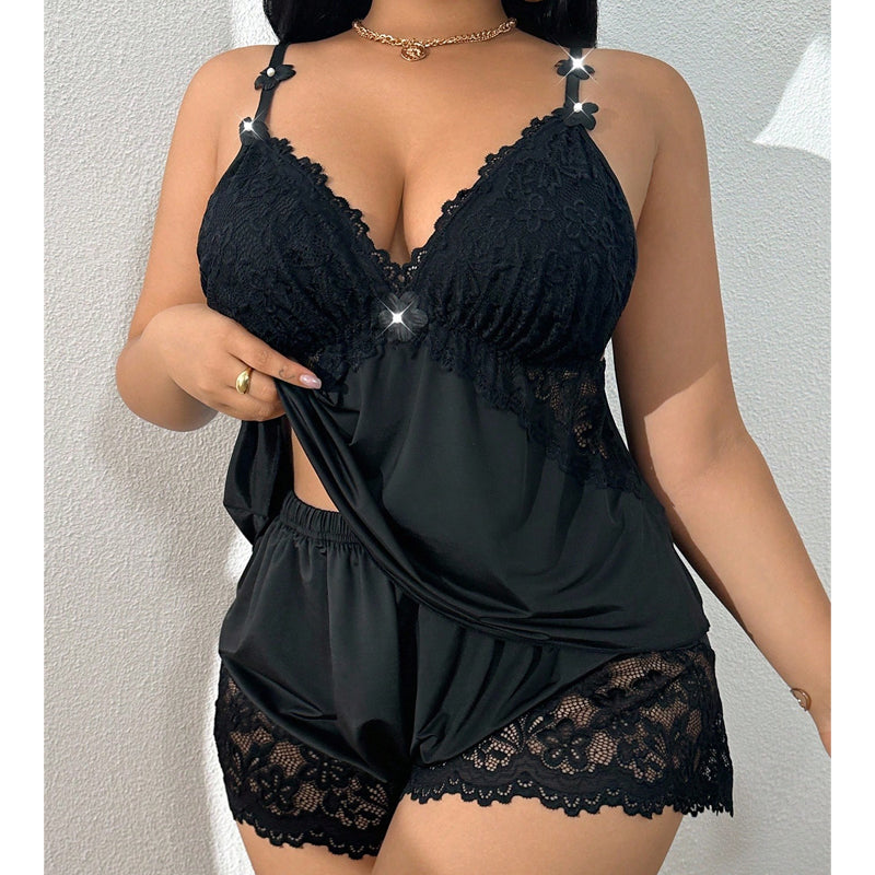 🥳PROMOÇÃO IMPERDÍVEL DE 2026🥳💞MAIS DE 50 MIL VENDIDOS!👗🌸 50% DESCONTO! Conjunto de pijama com top e calções com detalhes em renda – Tecido macio tipo cetim, alças ajustáveis e decote em V.