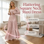 👗 50% DESCONTO AGORA! 💕 Vestido Maxi com Decote Quadrado – Caimento Perfeito, Tecido Macio e Ideal para Qualquer Ocasião 🌸
