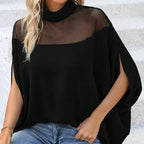 Blusa casual de mulher de gola alta e mangas morcego