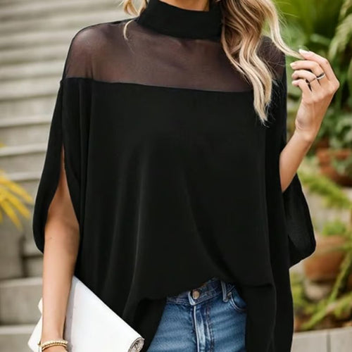 Blusa casual de mulher de gola alta e mangas morcego