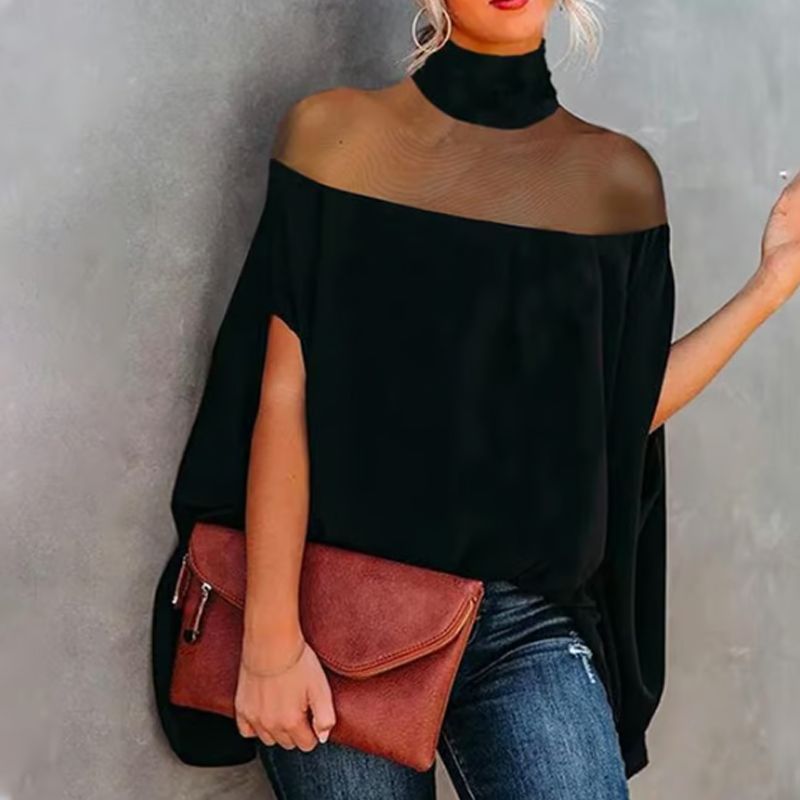 Blusa casual de mulher de gola alta e mangas morcego