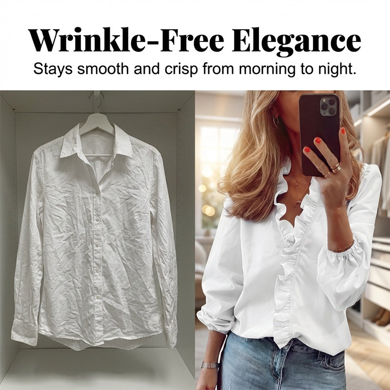 Blusa de mulher de manga comprida com decote em V e folhos