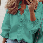 Blusa de mulher de manga comprida com decote em V e folhos