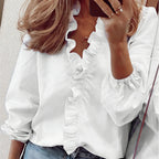 Blusa de mulher de manga comprida com decote em V e folhos