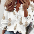 Blusa de mulher de manga comprida com decote em V e folhos