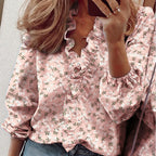 Blusa de mulher de manga comprida com decote em V e folhos