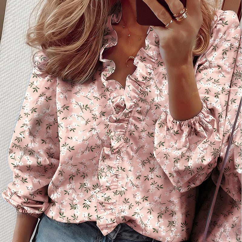Blusa de mulher de manga comprida com decote em V e folhos