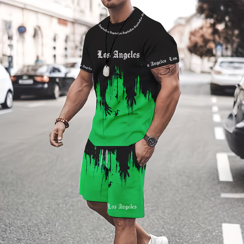 👕 50% DESCONTO AGORA! 🔥 Conjunto de t-shirt e calções para homem com estampado gráfico – Tecido macio, design arrojado e perfeito para os dias de verão ☀️