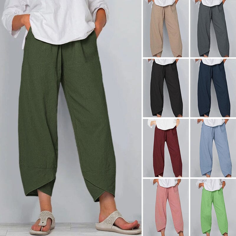 👖 Calça Vintage em Linho e Algodão com Cintura Elástica Assimétrica – Design Único, Conforto e Estilo Funcional para o Dia a Dia! 🌸✨