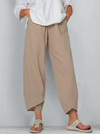 👖 Calça Vintage em Linho e Algodão com Cintura Elástica Assimétrica – Design Único, Conforto e Estilo Funcional para o Dia a Dia! 🌸✨