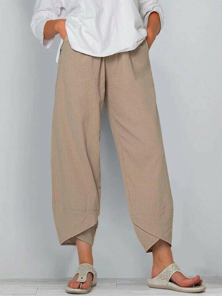 👖 Calça Vintage em Linho e Algodão com Cintura Elástica Assimétrica – Design Único, Conforto e Estilo Funcional para o Dia a Dia! 🌸✨