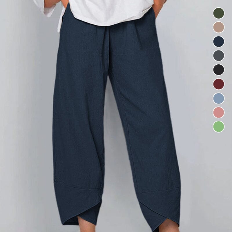 👖 Calça Vintage em Linho e Algodão com Cintura Elástica Assimétrica – Design Único, Conforto e Estilo Funcional para o Dia a Dia! 🌸✨