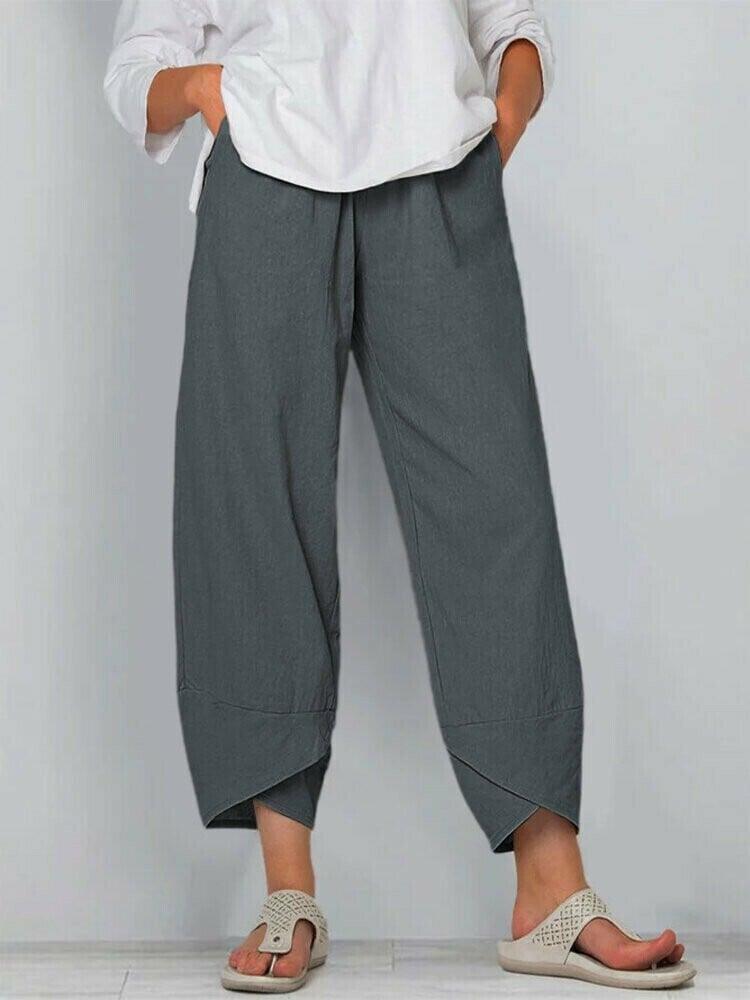 👖 Calça Vintage em Linho e Algodão com Cintura Elástica Assimétrica – Design Único, Conforto e Estilo Funcional para o Dia a Dia! 🌸✨