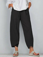 👖 Calça Vintage em Linho e Algodão com Cintura Elástica Assimétrica – Design Único, Conforto e Estilo Funcional para o Dia a Dia! 🌸✨