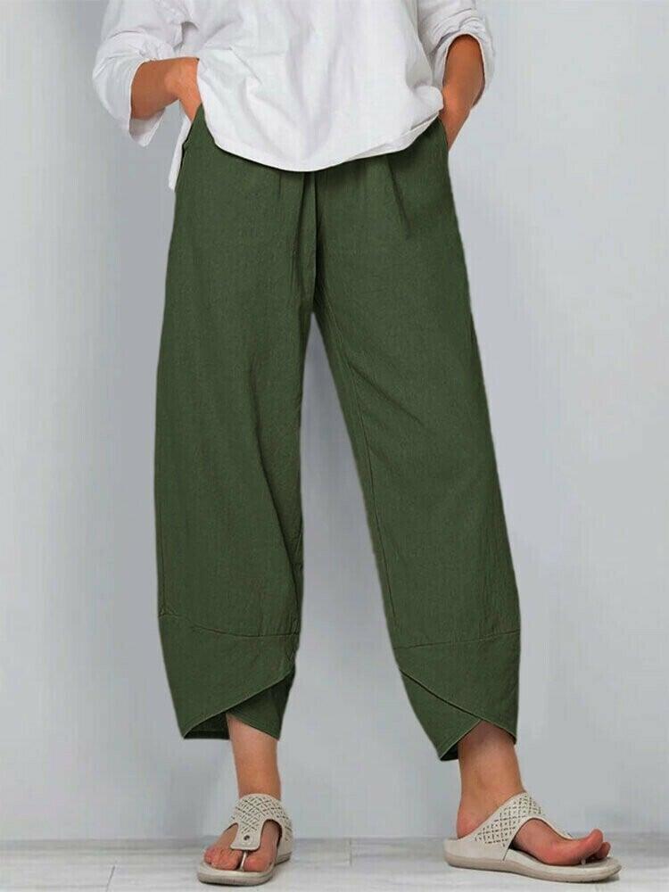 👖 Calça Vintage em Linho e Algodão com Cintura Elástica Assimétrica – Design Único, Conforto e Estilo Funcional para o Dia a Dia! 🌸✨