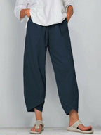 👖 Calça Vintage em Linho e Algodão com Cintura Elástica Assimétrica – Design Único, Conforto e Estilo Funcional para o Dia a Dia! 🌸✨