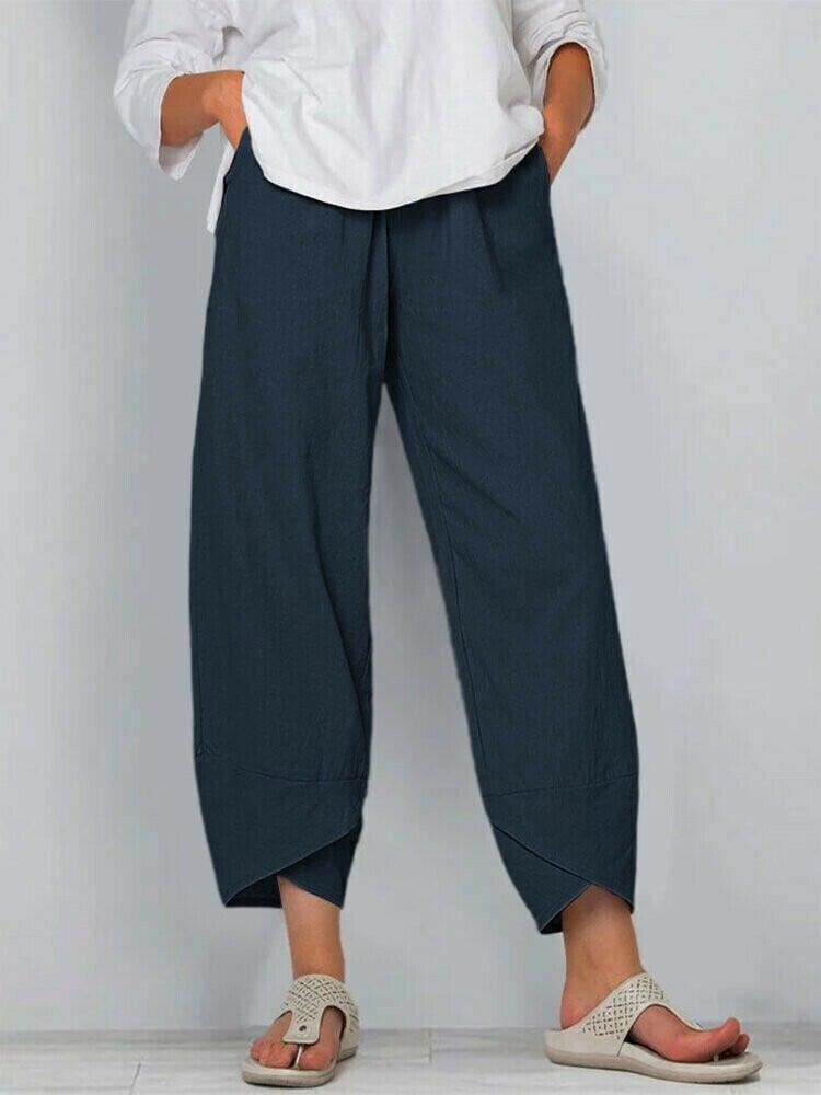 👖 Calça Vintage em Linho e Algodão com Cintura Elástica Assimétrica – Design Único, Conforto e Estilo Funcional para o Dia a Dia! 🌸✨